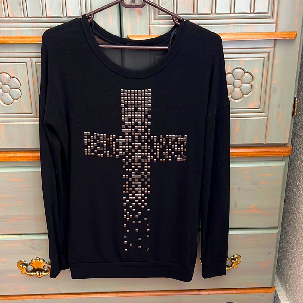 Black Sweatshirt with Cross and Sheer Back